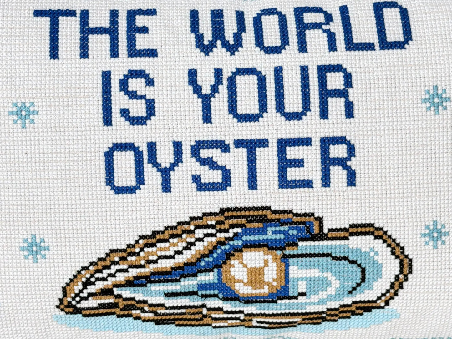 The world is your oyster cross stitch cushion