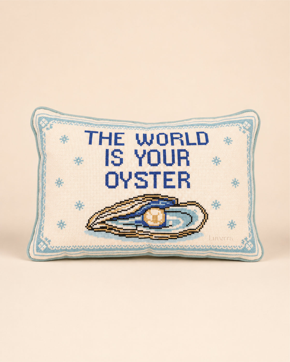The World Is Your Oyster cross-stitch cushion