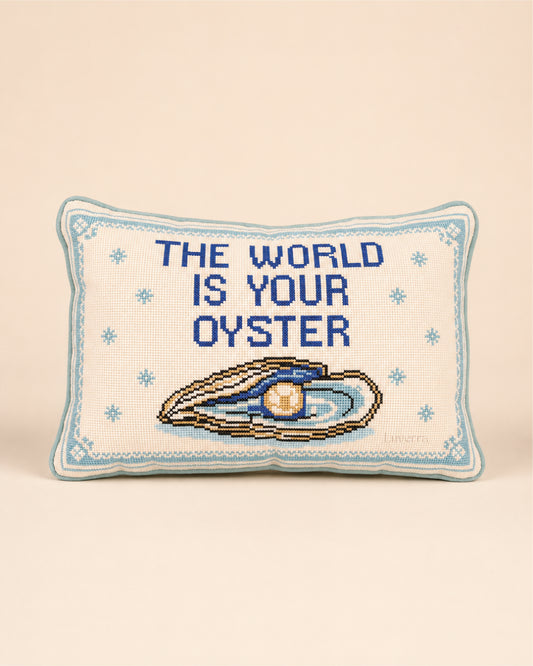 The World Is Your Oyster cross-stitch cushion