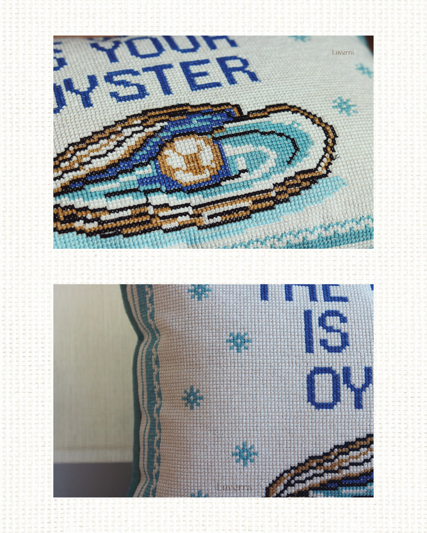 The world is your oyster cross stitch cushion