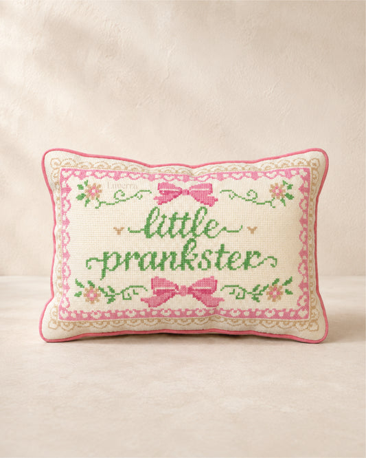 Little prankster cross stitch cushion