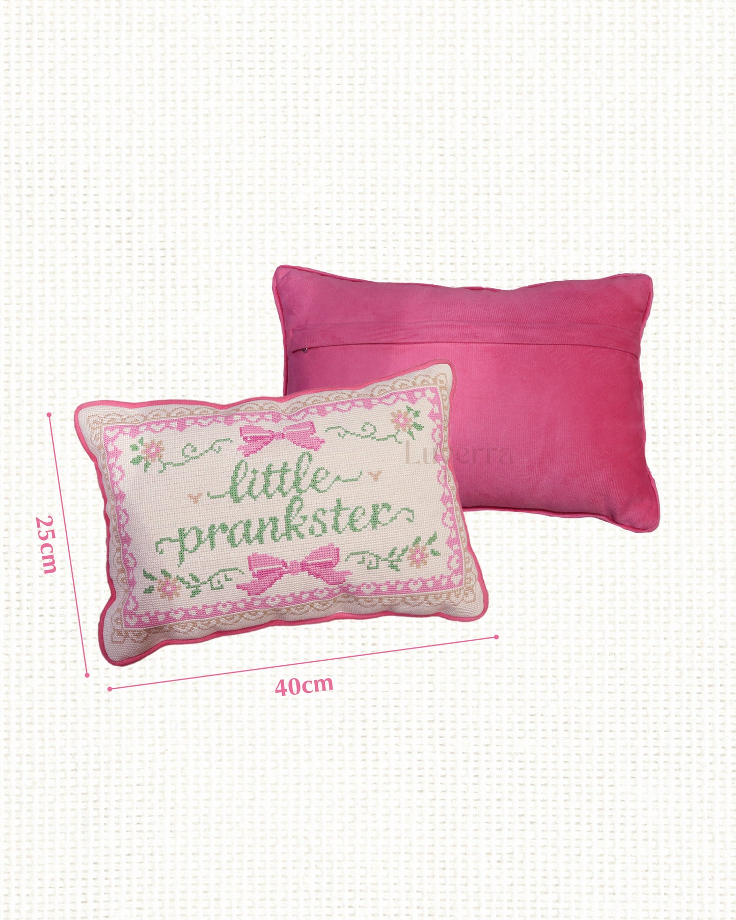 Little prankster cross stitch cushion